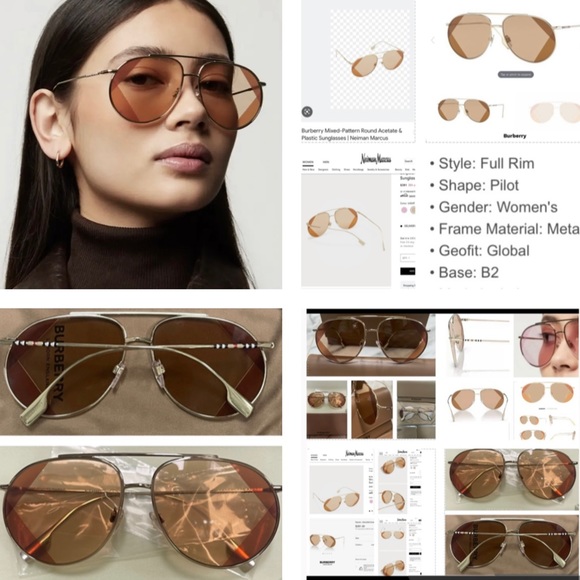 BURBERRY PILOT GOLD-TONE METAL AVIATORS WITH 2 TONE DESIGN DETAILING ON LENSES - Picture 14 of 16